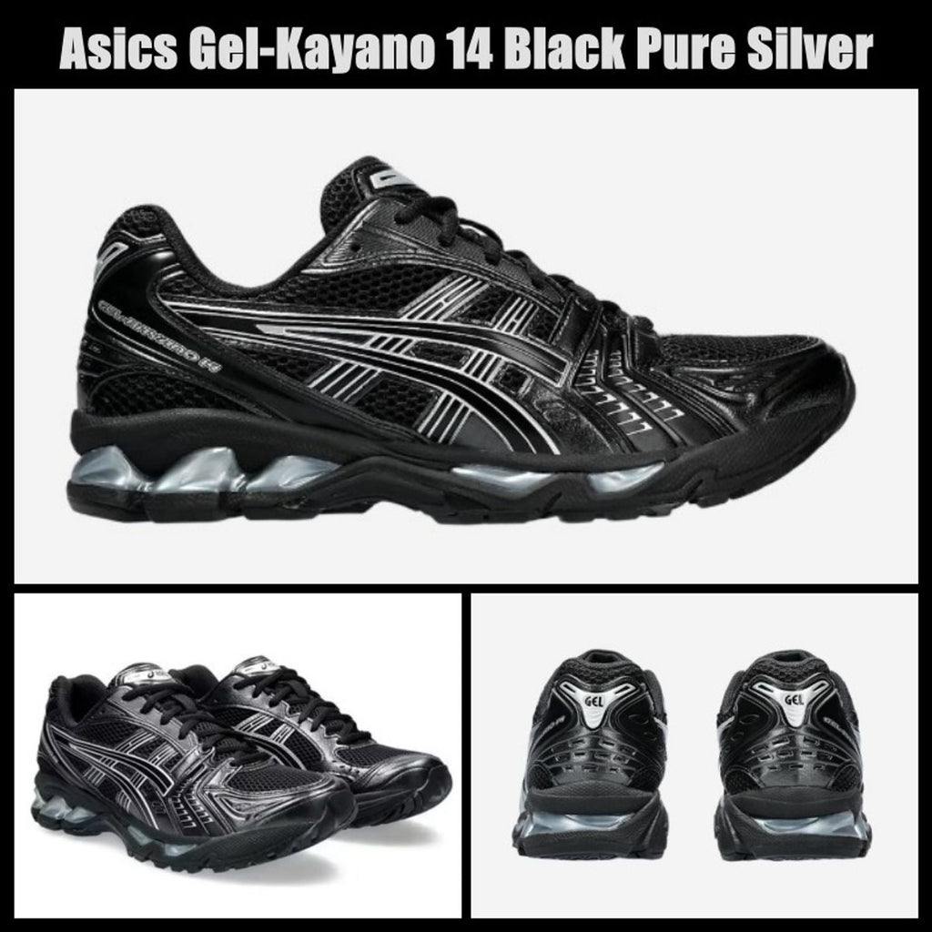 ASICS GEL-Kayano 14 Noir / Argent – montage profil, trois-quarts et talon