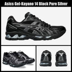 ASICS GEL-Kayano 14 Noir / Argent – montage profil, trois-quarts et talon